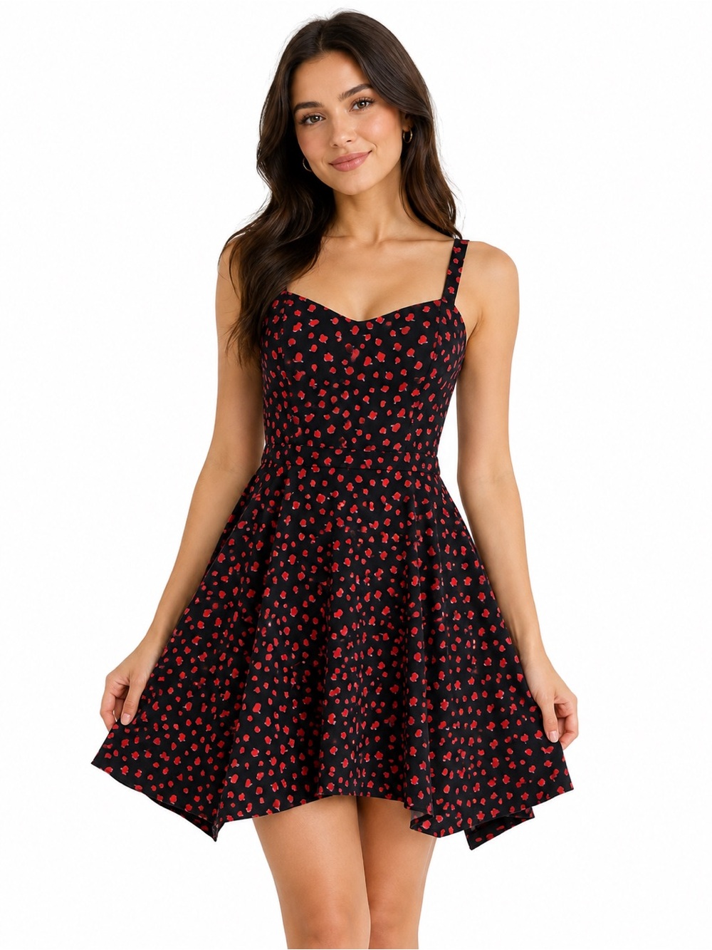 BAR III Women’s Black Mini Sharkbite Dress Red Apple Floral Print Size Medium